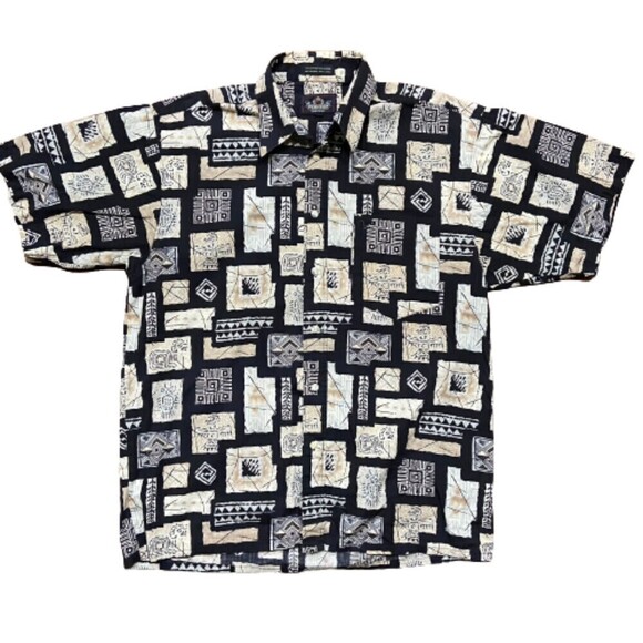 Perruzo Vintage Abstract 90s Black Cream Button Down Cotton Shirt Men's Medium - Picture 1 of 7